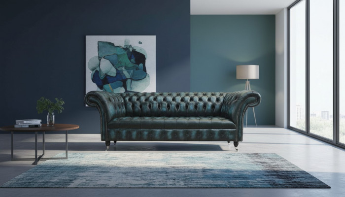 Classic 3 Siedziba Couch Podkładka Siedziba Chesterfield Włókienniczy Skóra Blue