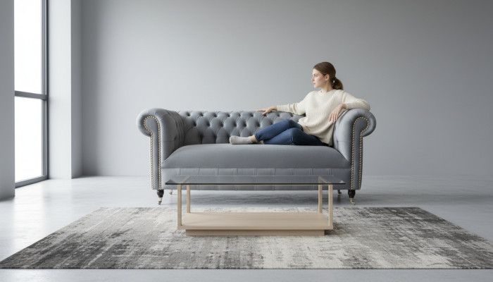 Chesterfield Szara Kanapa Sofa Trzyosobowa Kanapy Sofy Aksamit Meble 230cm
