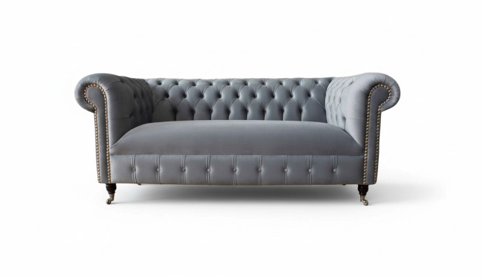 Chesterfield Szara Kanapa Sofa Trzyosobowa Kanapy Sofy Aksamit Meble 230cm