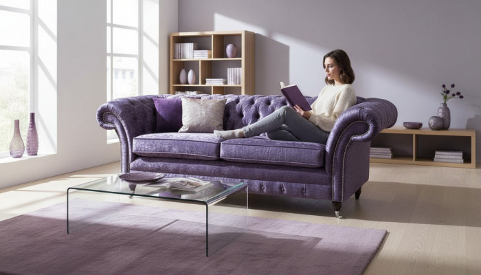 Sofa trzyosobowa Chesterfield 3 miejsce do siedzenia sofa do salonu fioletowa materiałowa kanapa
