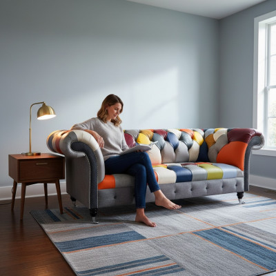 Chesterfield 3 miejsce do siedzenia Material Design Couch Podkładka Włókienniczy Modern Sofa Nowość