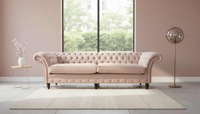 Modern Chesterfield 4 miejsce do siedzenia Design Sofa Różowe Meble tapicerowane Sofy Materiał Włókienniczy