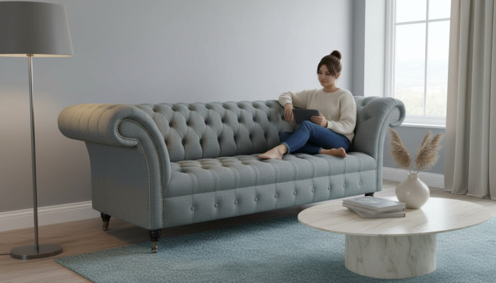 Sofa 3 miejsce do siedzenia Materiał kanapy Nowoczesny Luksus Szary Chesterfield Trzyosobowy Nowy