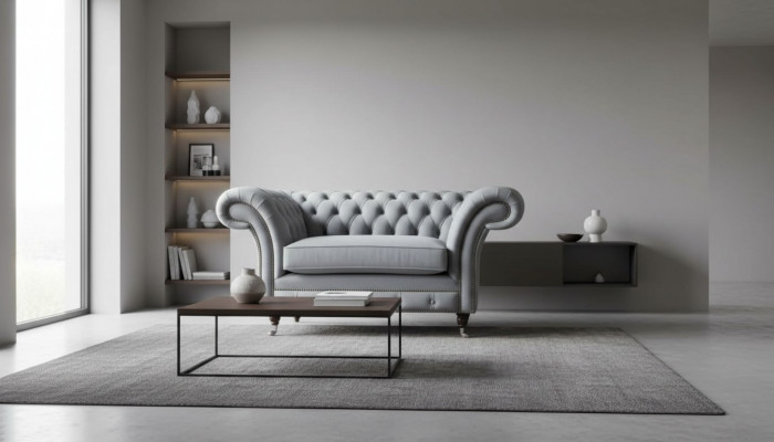 Chesterfield Fotel Włókienniczy Sofa Materiał Kanapa Sofy Kanapy Lounge Szare