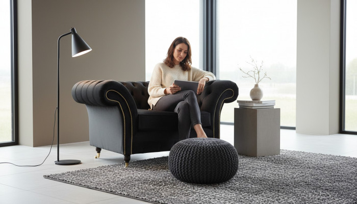 Chesterfield Fotel Lounge Czarny Sofa Kanapa Podkładka Modern Włókienniczy Nowy