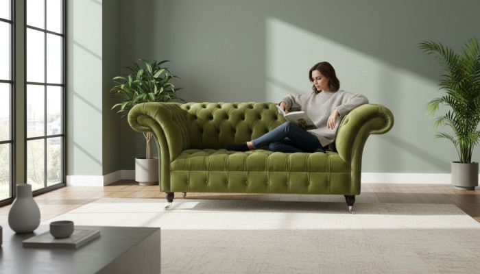 Sofa 2 miejsce do siedzenia Sofa Podkładka Sofa Materiał Chesterfield Couches Zielona Nowa