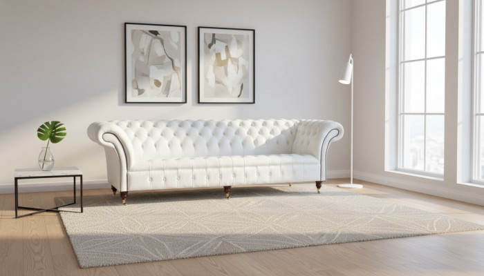 Chesterfield Sofas Design Luxury Biały Włókienniczy Sofa 4 miejsce do siedzenia Material Czteroosobowa