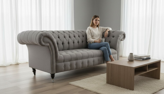 Chesterfield 3 miejsce do siedzenia Podkładka Couch Sofa Kanapy Włókienniczy Modern Style Grey