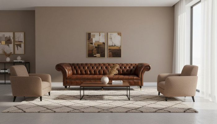 Sofa 4 miejsce do siedzenia Luksusowe Meble Chesterfield Skóra Brown Design Modern Style