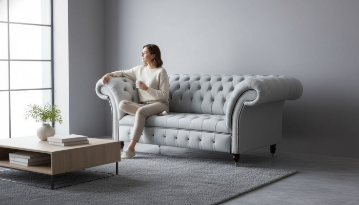 Chesterfield Couch Podkładka Meble Dwumiejscowe Szare Kanapy Sofy Skóra