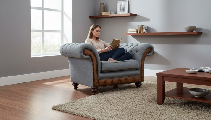 Fotel Design Relaks Włókienniczy Lounge Luxury Grey Podkładka miejsce siedzące Chesterfield