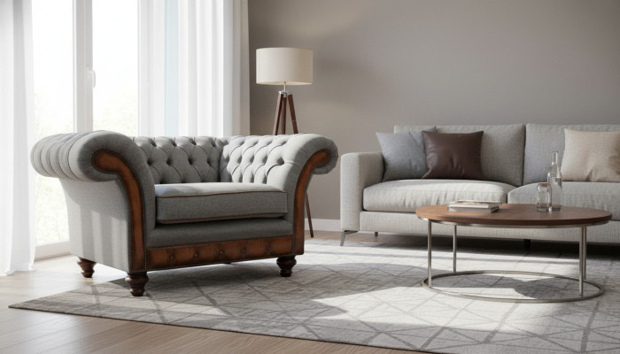 Fotel Design Relaks Włókienniczy Lounge Luxury Grey Podkładka miejsce siedzące Chesterfield