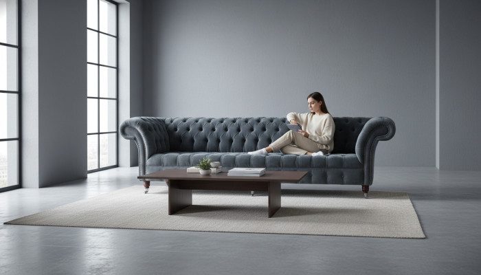 Sofa czteroosobowa 4 miejsce do siedzenia Sofy Nowoczesny szary design Materiał Chesterfield