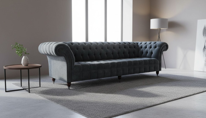 Sofa czteroosobowa 4 miejsce do siedzenia Sofy Nowoczesny szary design Materiał Chesterfield