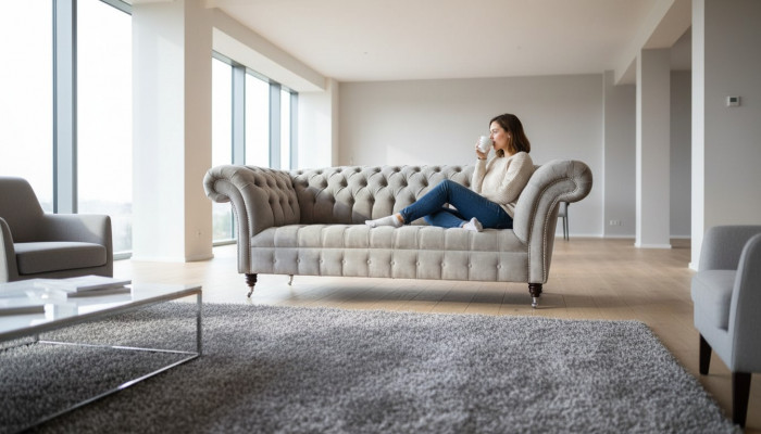 Szara Kanapa Chesterfield Trzyosobowa Sofa z poduszkami do siedzenia Sofa Meble Nowość