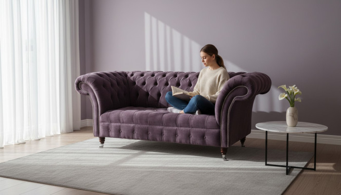 Chesterfield Sofa Couch Design Fioletowa Podkładka Włókienniczy Dwumiejscowe miejsce siedzące Nowe