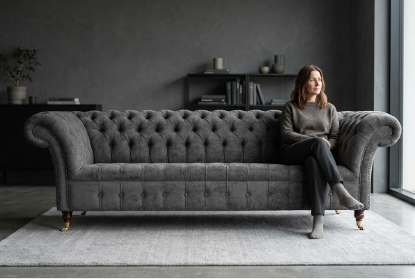 Chesterfield 3 miejsce siedzące Couch Podkładka Siedziba Włókienniczy Material Grey Couches Sofa