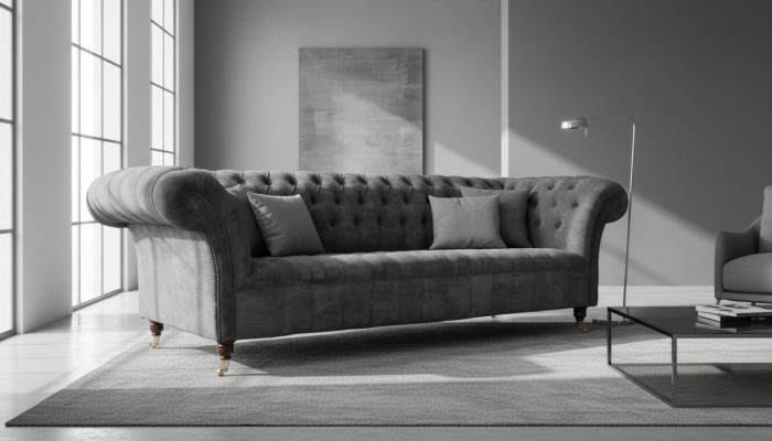 Chesterfield 3 miejsce siedzące Couch Podkładka Siedziba Włókienniczy Material Grey Couches Sofa