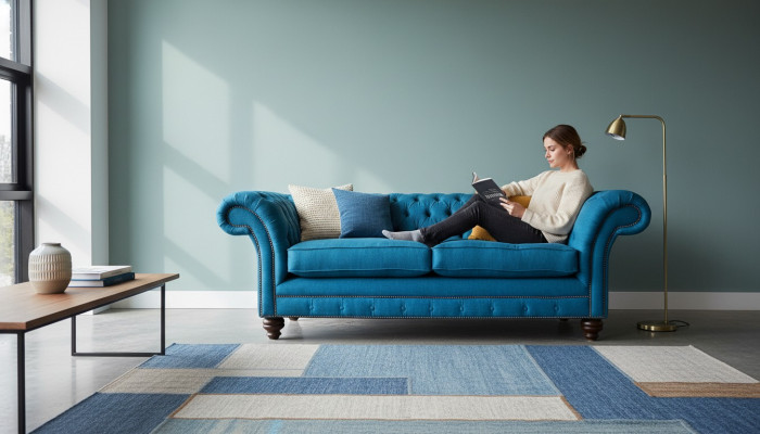 Chesterfield Sofa 3 miejsce do siedzenia Sofa Podkładka Sofy Materiał Salon Niebieski Włókienniczy