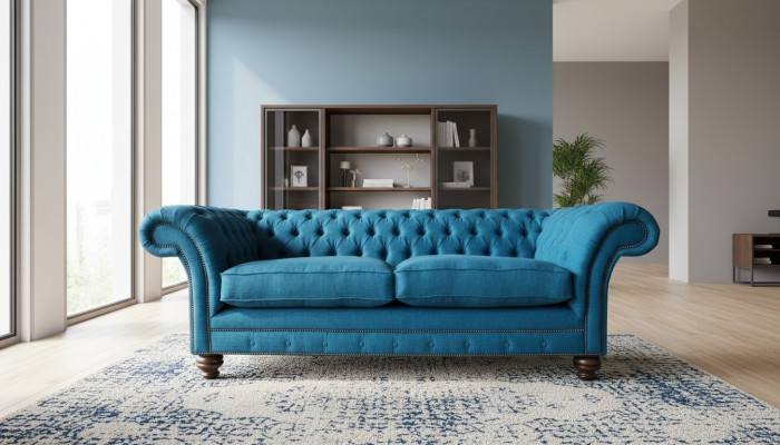 Chesterfield Sofa 3 miejsce do siedzenia Sofa Podkładka Sofy Materiał Salon Niebieski Włókienniczy