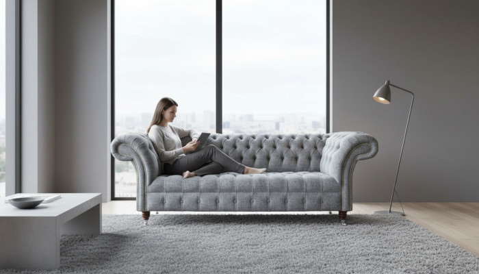 Szara Designerska Kanapa Sofa Trzyosobowa Luksusowe Kanapy Meble Sofy Włókiennicze