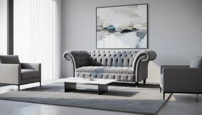 Sofa Chesterfield 3 miejsce do siedzenia Luksusowa kanapa Sofy do salonu Sofa z szarej tkaniny