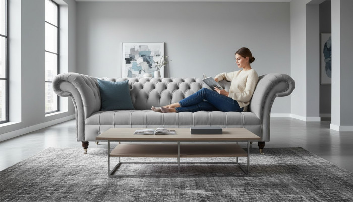 Chesterfield Włókienniczy Sofa Couch 3 miejsce do siedzenia Podkładka Siedziba Szare Sofy Big Nowe