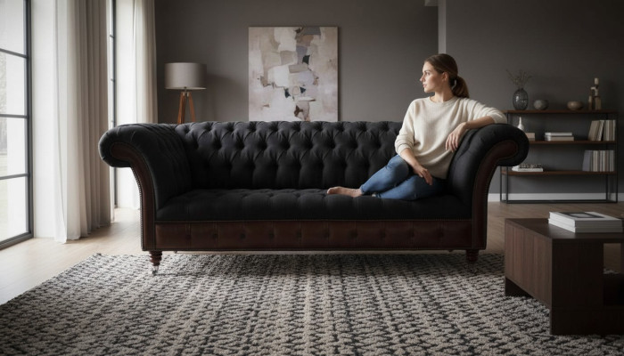 Chesterfield 3 miejsce do siedzenia Sofa Kanapa Skóra Podkładka Siedziba Materiał Czarny Nowy