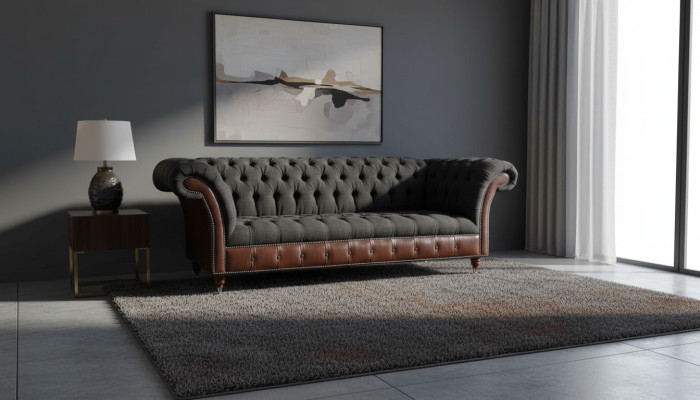 Chesterfield 3 miejsce do siedzenia Sofa Kanapa Skóra Podkładka Siedziba Materiał Czarny Nowy