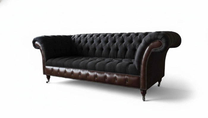 Chesterfield 3 miejsce do siedzenia Sofa Kanapa Skóra Podkładka Siedziba Materiał Czarny Nowy
