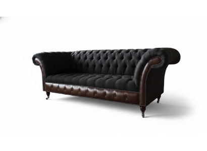 Chesterfield 3 miejsce do siedzenia Sofa Kanapa Skóra Podkładka Siedziba Materiał Czarny Nowy