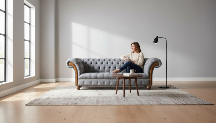 Sofa materiałowa Chesterfield Luksusowa sofa Podkładka Kanapa Siedziba Szara Włókienniczy