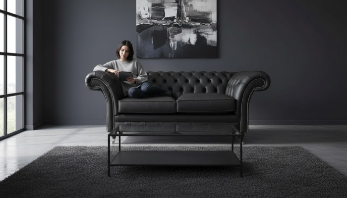 Sofa Luxury Włókienniczy Chesterfield Couch Sofy Podkładka 2 miejsce do siedzenia Czarny Skóra