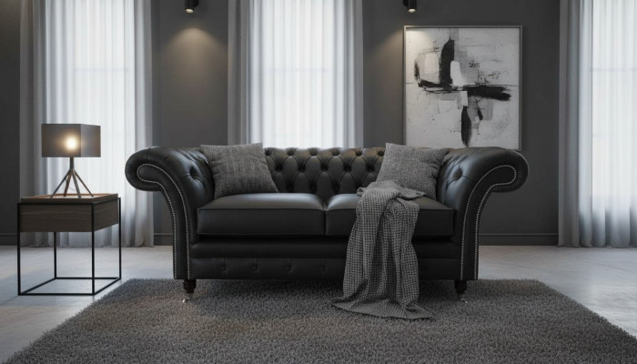 Sofa Luxury Włókienniczy Chesterfield Couch Sofy Podkładka 2 miejsce do siedzenia Czarny Skóra