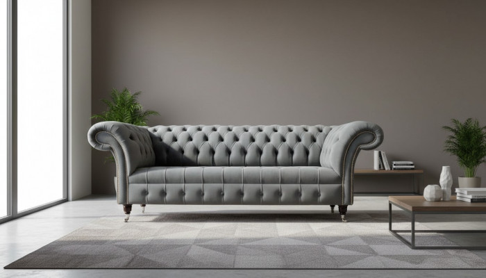 Angielska Sofa Chesterfield Kanapa Meble Biurowe Trzyosobowa Aksamit 230cm Szara