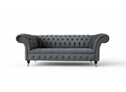 Angielska Sofa Chesterfield Kanapa Meble Biurowe Trzyosobowa Aksamit 230cm Szara