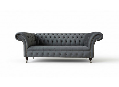 Angielska Sofa Chesterfield Kanapa Meble Biurowe Trzyosobowa Aksamit 230cm Szara