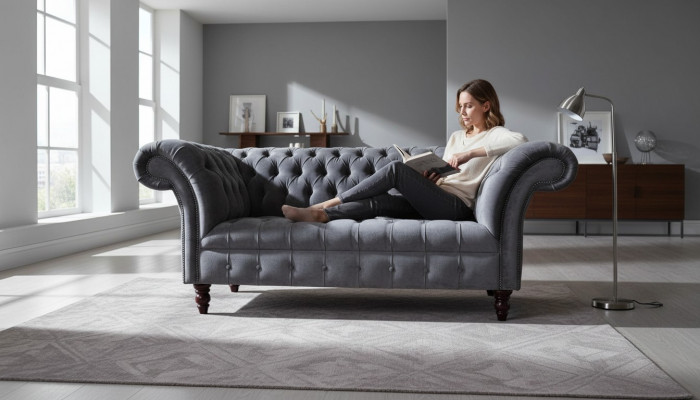 Sofa 2 miejsce do siedzenia Couch Design Podkładka Włókienniczy Materiał Szary Chesterfield Nowa