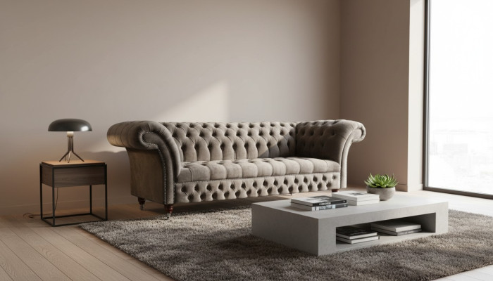 Angielska Sofa Chesterfield Kanapa Meble Biurowe Trzyosobowa Aksamit 230cm Taupe