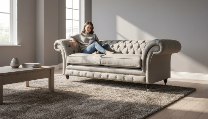 Angielska Sofa Chesterfield Kanapa Meble Biurowe Trzyosobowa Aksamit 230cm Brązowa