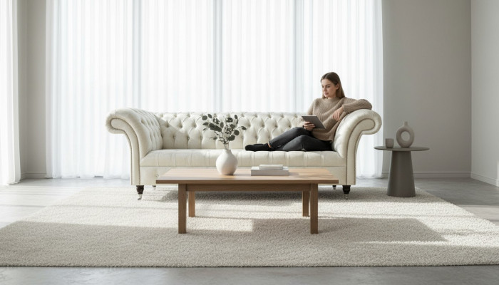 Trzyosobowa Biała Materiałowa Sofa do Salonu Sofa Chesterfield