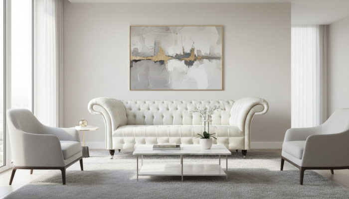 Trzyosobowa Biała Materiałowa Sofa do Salonu Sofa Chesterfield