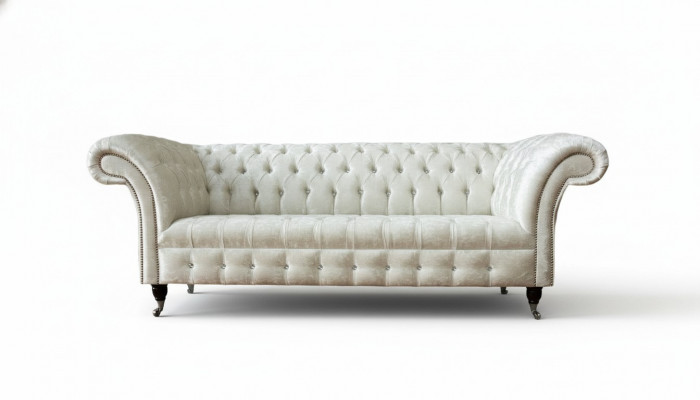 Trzyosobowa Biała Materiałowa Sofa do Salonu Sofa Chesterfield