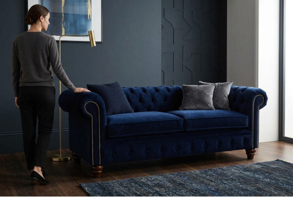 Sofa kanapa niebieska Chesterfield w stylu angielskim klasycznym 3 Siedziba Podkładka 230cm