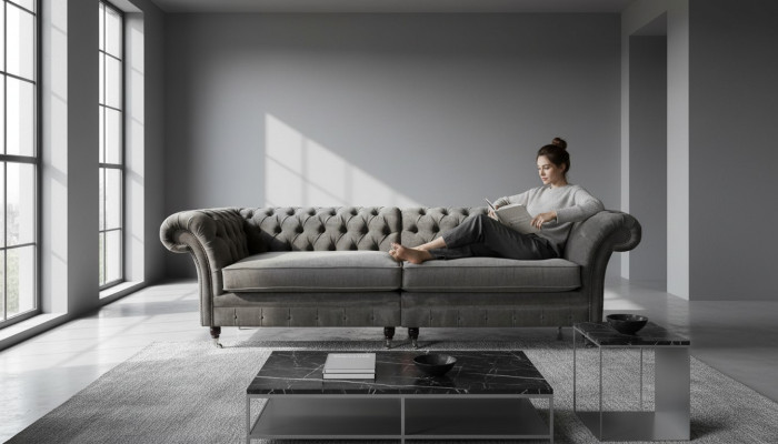 Sofa czteroosobowa Chesterfield 4 miejsce do siedzenia Sofy Materiał Poliester Szare Meble