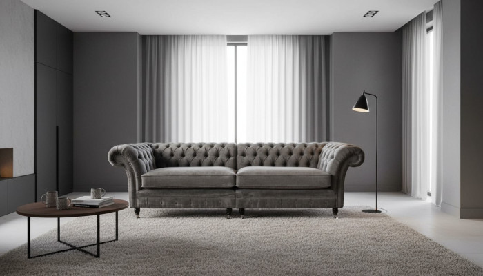 Sofa czteroosobowa Chesterfield 4 miejsce do siedzenia Sofy Materiał Poliester Szare Meble