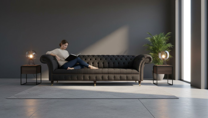 Sofa Chesterfield 4 miejsce do siedzenia Czarny Material Living Room Design Couch Podkładka