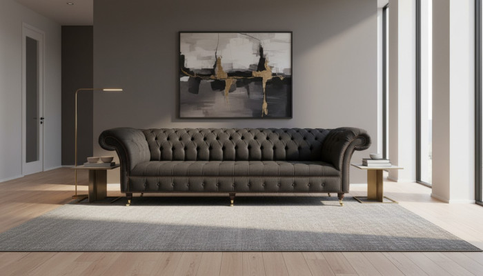 Sofa Chesterfield 4 miejsce do siedzenia Czarny Material Living Room Design Couch Podkładka