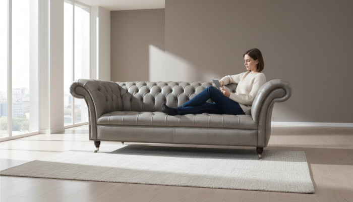 Szary Chesterfield Angielska Sofa Klasyczna 3 Siedziba Podkładka 230cm