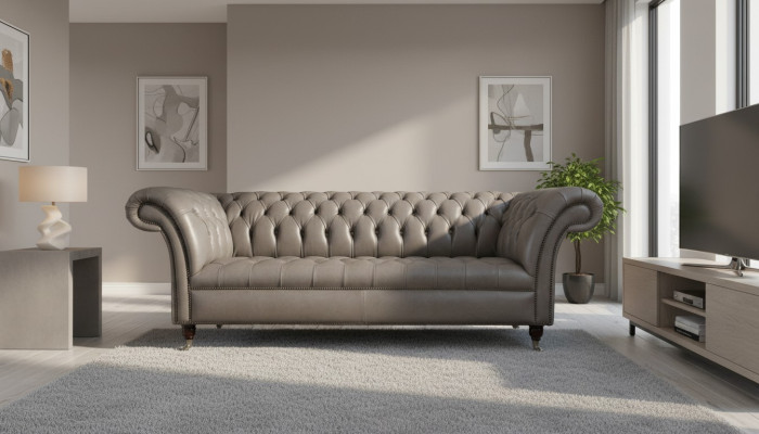 Szary Chesterfield Angielska Sofa Klasyczna 3 Siedziba Podkładka 230cm